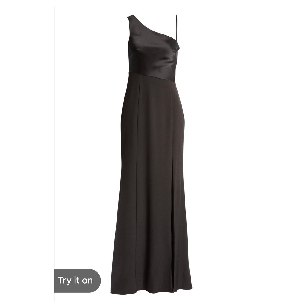 Amsale Womens One Shoulder Satin Crepe Gown Black Side Slit Formal Dress Size 6